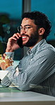Happy businessman, night or phone call with discussion for proposal, negotiation or ideas at office. Man, employee or financial advisor talking in late evening for conversation or chat at workplace