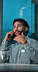 Businessman, night or phone call with negotiation for deal, ideas or business proposal at office. Man, employee or financial advisor talking in late evening for conversation or chat at workplace
