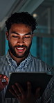 Night, office and businessman scroll on tablet for finance review, investment update and budget report. Happy, corporate and person on tech working late for financial planning and online research