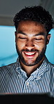 Night, business and happy man on tablet in office for finance review, investment and budget report. Professional, corporate and person on tech working late for financial planning and online research