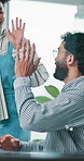 Happy, business people and teamwork with high five for winning, success or good job at office. Excited, businessman and woman with smile or touch for project deadline, completion or done at workplace