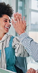 High five, team and business people in office talking for finance report, success and research. Corporate, professional and happy man with woman celebrate for financial review, budget and meeting
