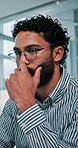 Thinking, training and man in office for web design, business ideas or software developer. Brainstorming, discussion and designer with teamwork, research report or solution at creative digital agency