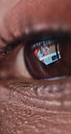 Eye, computer screen and closeup of person reading with creative web designer for development. Business, face and macro of worker with reflection for digital software, research and online project