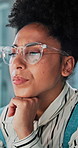 Ideas, glasses and businesswoman by computer in office for research on finance statistics. Technology, thinking and female financial manager with investment data for profit forecasting in workplace.