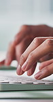 Keyboard, hands and businessperson in office with typing for research on creative project. Technology, email and magazine copywriter with contact for publishing approval on article in workplace.