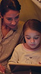 Tablet, tent and mom with child at night in home with bonding, family time or streaming movie. Happy, relax and mother with girl kid for watching film, show or series on digital technology together.
