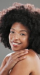 Face, skincare and black woman in studio, smile and dermatology on grey background. African person, portrait and wellness with shine, glow and cosmetics with grooming, beauty and aesthetic with afro