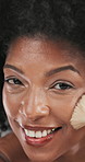 Aesthetic, face and woman with makeup brush in studio for makeover or cosmetics application. Facial, product and smile of happy African model with tool for beauty, blending foundation or contour