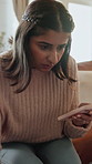 Woman, phone and stress with laptop in home, scam or phishing on sofa with financial mistake on web. Person, smartphone and mobile app for fintech, computer and frustrated with lost payment in house