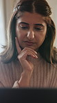 Woman, laptop and student with thinking in home with typing, education or elearning for university text. Girl, pc and confused with assessment, college and online course with problem solving in house