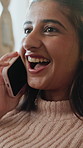 Woman, phone call and conversation for communication, contact and happy chat with laugh at home. Female person, mobile discussion or funny story for catch up talk, connection and comedy news at house