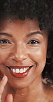 Happy, skincare and face of black woman in studio for self care, cosmetics and beauty. Collagen benefits, dermatology and spa treatment with female person on background for glow, shine and smile
