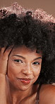 Texture, face and woman with afro, haircare or treatment for growth of natural hair, happy or shine. Studio background, confident or black person with smile for hairstyle, glow or cosmetic for beauty