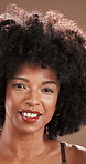 Face, skincare and black woman with smile, cosmetics and dermatology on studio background. African person, beauty and model with confidence, wellness and healthy skin with shine, glow and aesthetic