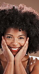 Face, skincare and beauty with black woman in studio for glow, wellness or dermatology results. Smile, makeup and model with facial cosmetics for treatment, shine or afro with self care on background