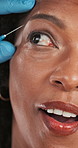 Woman, needle and face in studio with shock, fear and wow for cosmetics and surgery on brown background. African model, syringe and facial treatment with collagen filler, skincare and dermatology