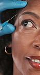 Plastic surgery, syringe and face of black woman in studio for filler, anti aging and collagen. Dermatology, skincare and gloves with needle for person for cosmetics, beauty and facial injection