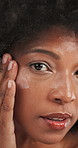 Face cream, skincare and black woman with health, natural or cosmetic routine with hydration. Wellness, sunscreen and portrait of African person with facial lotion, spf or moisturizer for dermatology
