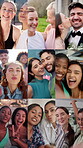 Collage, men and women with smile, face and couple wedding day, community or montage with diversity. Fitness, friends and collection of people, happiness and representation of variety and global