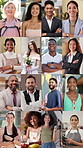 Face, people and smile with montage series for inclusion, career pride and getaway vacation. Portrait, women and men for fitness, painting mural and wedding for demographic representation at location