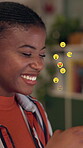 Phone, social media and night with black woman in office for like icon, emoji feedback and connection. Chat reaction, communication and notification with person for texting, app  and post update