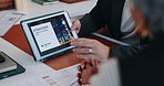 Business, hands and people in office, tablet screen and planning for strategy, company future and app. Closeup, employees and consultant in workplace, technology or internet with website info or idea