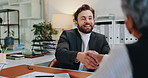 Business, handshake and man with woman, consultation an advice for retirement fund. People, client and financial advisor in workplace, shaking hands and thank you with agreement, smile and investment