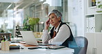Laptop, thinking and business woman with stress, problem solving or challenge for project. Computer, reflection and serious mature manager with doubt, difficult decision and lack of ideas in office