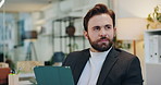Business, window and man with tablet, thinking and online reading with financial survey. Person, accounting and employee in workplace, database and connection with problem solving, choice or decision