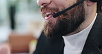 Businessman, mouth and consultant with headset at call center for online advice or customer service. Closeup, man or agent talking with mic for virtual assistance, help or telecommunication at office