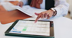 Hands, tablet screen and businesswoman in office with report, review or research on investment. Digital technology, scrolling and female financial manager with online budget proposal in workplace.