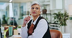Business, thinking and woman in office, pc and contemplation with wonder, solution and choice. Mature person, employee and consultant in workplace, decision and thoughtful with opportunity or options