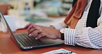 Business, hands and woman with laptop, typing and research for article, news report and deadline. Person, employee and journalist in office, computer and keyboard with website info, feedback or email