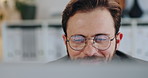 Business, glasses and man with laptop, thinking and problem solving with schedule for tax audit. Person, accounting and employee in workplace, eyewear and reflection with solution, email and decision