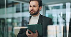 Employee, window and man with tablet, thinking and online survey for investment, app and internet. Person, profit growth and digital tech with decision, economy and connection with problem solving