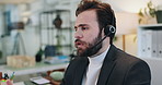 Headset, man and receptionist in office with communication, contact or crm networking. Mic, professional and male virtual assistant on call for appointment schedule, customer service or query.