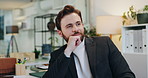 Business, thinking and man in office, decision and confidence with problem solving. Happy person, employee and consultant in workplace, choice and vision for company future, solution or contemplation