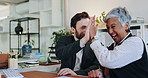 High five, celebrate and happy business people in office for success, sales goal and target together. Corporate, collaboration and excited woman and man with gesture for winning, support and teamwork