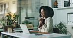 Woman, excited and surprise with laptop at office, night and celebration for goal, success and profit. Person, broker and happy with achievement, revenue and investment with pc at financial agency