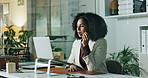 Headset, laptop and businesswoman in office for consultation, crm and contact us for support. Mic, computer and female secretary on call for appointment schedule with online client in workplace.
