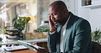 Stress, headache and black man with tablet for business error, project mistake and frustrated for brain fog. Male person, migraine and pain with digital tech in office for 404 glitch or work burnout