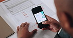 Business person, hands and phone with documents for disability insurance, application or research. Top view, employee or user with mobile smartphone display or screen for assisted living or help