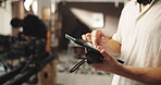 Typing, producer and hands with tablet for communication, photoshoot or production planning in studio. Project, creative director and man with digital tech for magazine catalogue, photography or film