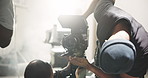 Film, setup and men with camera on set for shooting, check lighting and equipment settings. Cinematography, behind the scenes and people in studio for videography, media production and filmmaking