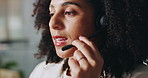 Business woman, consultant and talking with headset for online communication or help at office. Female person, agent or consulting with mic for virtual assistance or customer service at call center