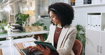 Tablet, laptop and business woman in office for insurance broker, policy premium or research. Risk assessment analyst, digital planning and online with person reading in agency for cover benefits