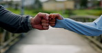 Fitness, friends and people with fist bump, greeting or hello outdoor for wellness. Welcome, partnership and athlete together for meeting, team or introduction for personal trainer or runner club