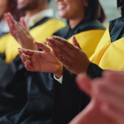Graduation, clapping hands and group of students at ceremony for ...
