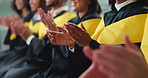 Graduation, clapping hands and group of students at ceremony for success or education milestone. Happy people, graduate and applause for college goal, finish university and celebrate achievement